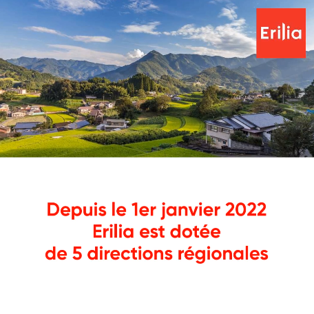 Image : paysage de montagne. Texte : Depuis le 1er janvier 2022, Erilia est doté de 5 Directions Régionales